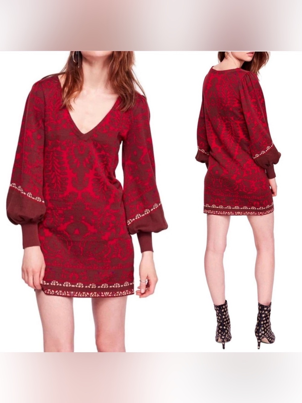 Free People Music and Lyrics Red V Neck Mini Knit Sweater Dress M Boho Fall Fest